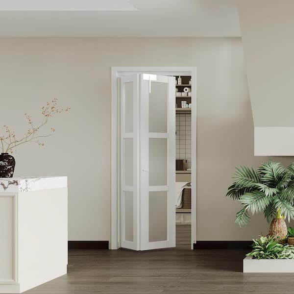 30 in. x 80 in. 3-Lite Frosted Glass Solid Core White Finished MDF Bi-fold Door with Lock, Handle, and Hardware Kit.