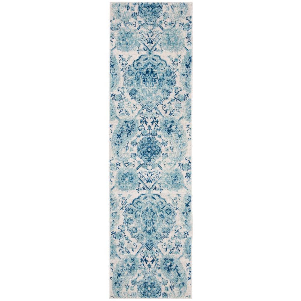 Cream and Turquoise Synthetic Hand-knotted Runner Rug