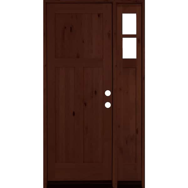 Krosswood Doors 50 in. x 96 in. Alder 3 Panel Left-Hand/Inswing Clear Glass Red Mahogany Stain Wood Prehung Front Door w/Right Sidelite