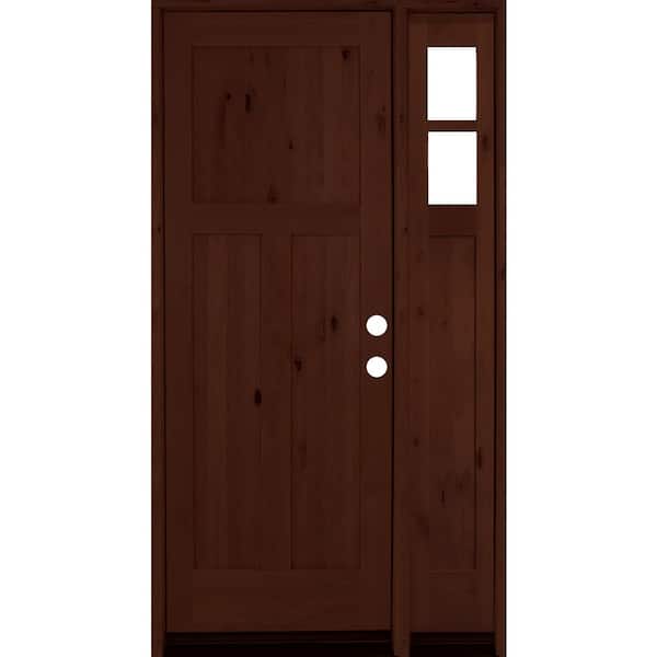 Krosswood Doors 56 in. x 96 in. Alder 3 Panel Left-Hand/Inswing Clear Glass Red Mahogany Stain Wood Prehung Front Door w/Right Sidelite