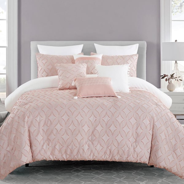 Shatex 7-Piece Pink Embroidered Star Polyester King Bedding Comforter Set