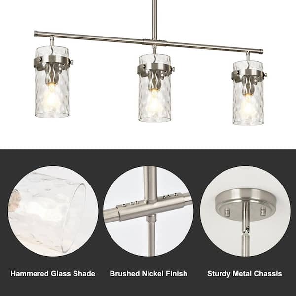 Kinlea 3 Light Brushed Nickel Modern Cylinder Chanderlier with Clear Hammered Glass Shades for Kitchen Island, Bedroom