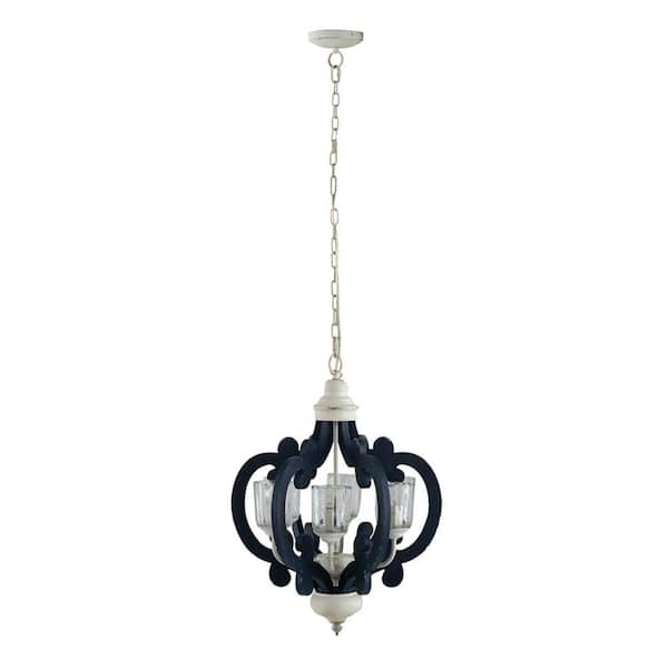 Rustic Natural Wood 24 in. Blue 6-Light Hardwired Chandelier for Kitchen Dining Room with Textured Glass Shade