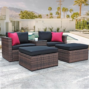 Brown 5-Piece Wicker Outdoor Sectional Patio Conversation Set Black Cushions Pillows and Furniture Protection Cover