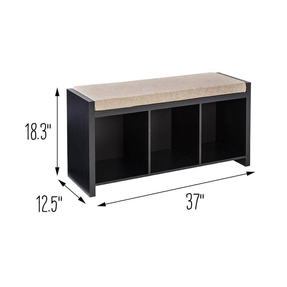 Modern Black Storage Bench with Tan Cushion and Cubby Shelves
