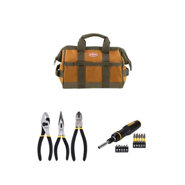 12 in. Gatemouth Tool Bag, 10-Piece Ratcheting Screwdriver Set and 3-Piece Pliers Set Combo
