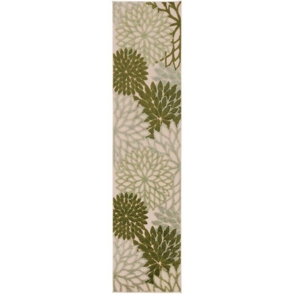 Aloha Ivory Green 2 ft. x 6 ft. Floral Contemporary Runner Indoor/Outdoor Area Rug