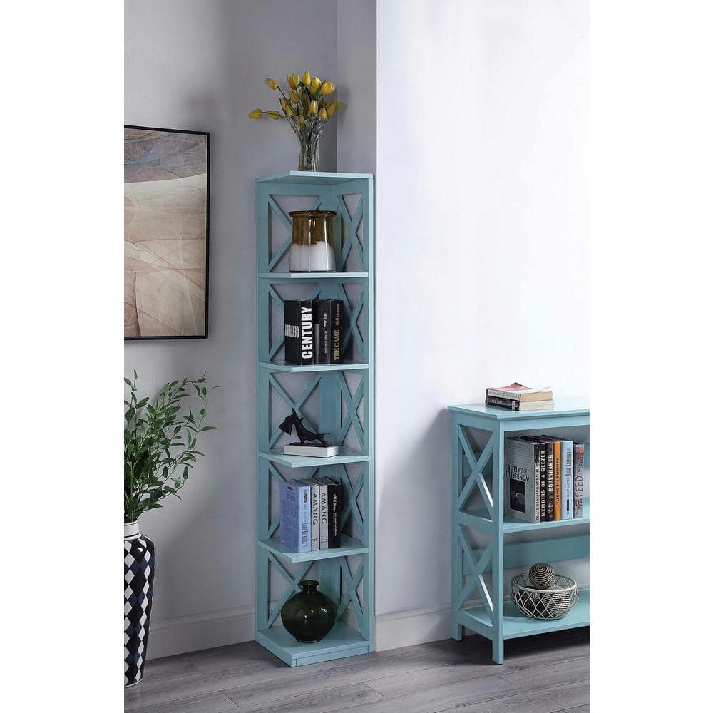 Sea Foam Blue 5-Tier Corner Bookcase with Crossed Design