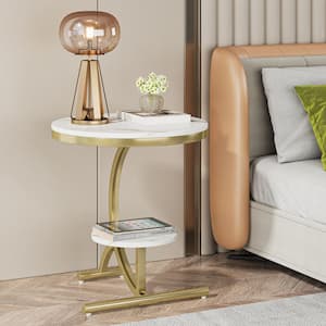 Calvin 20 in. Gold White 2-Tier Wood Faux Marble End Table Round Sofa Side Storage Shelf C-Shape Coffee Snack Nightstand