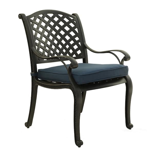 Mondawe Black Aluminum Stackable Elegant Metal Patio Outdoor Dining Chair with Blue Cushion(1-Pack)