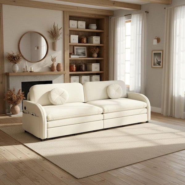 YONOK 81.1 in. Cream White Chenille King Size 3-in-1 Convertible Sofa Bed with USB Port and Storage Pockets