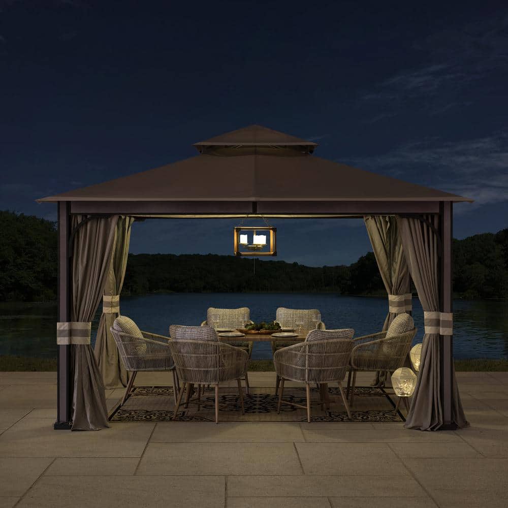 Light Gray 11 x 13 ft. Steel Frame 2-Tier Gazebo with Netting and Curtains