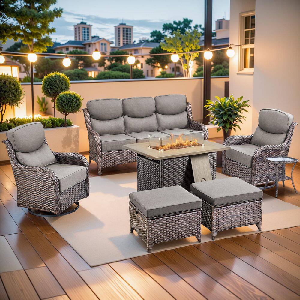 MoonLuxe Brown Wicker Fire Pit Conversation Set with Gray Olefin 6 in. Thick Cushions Patio Swivel Chairs (7-Piece) price history on PriceWatchPro
