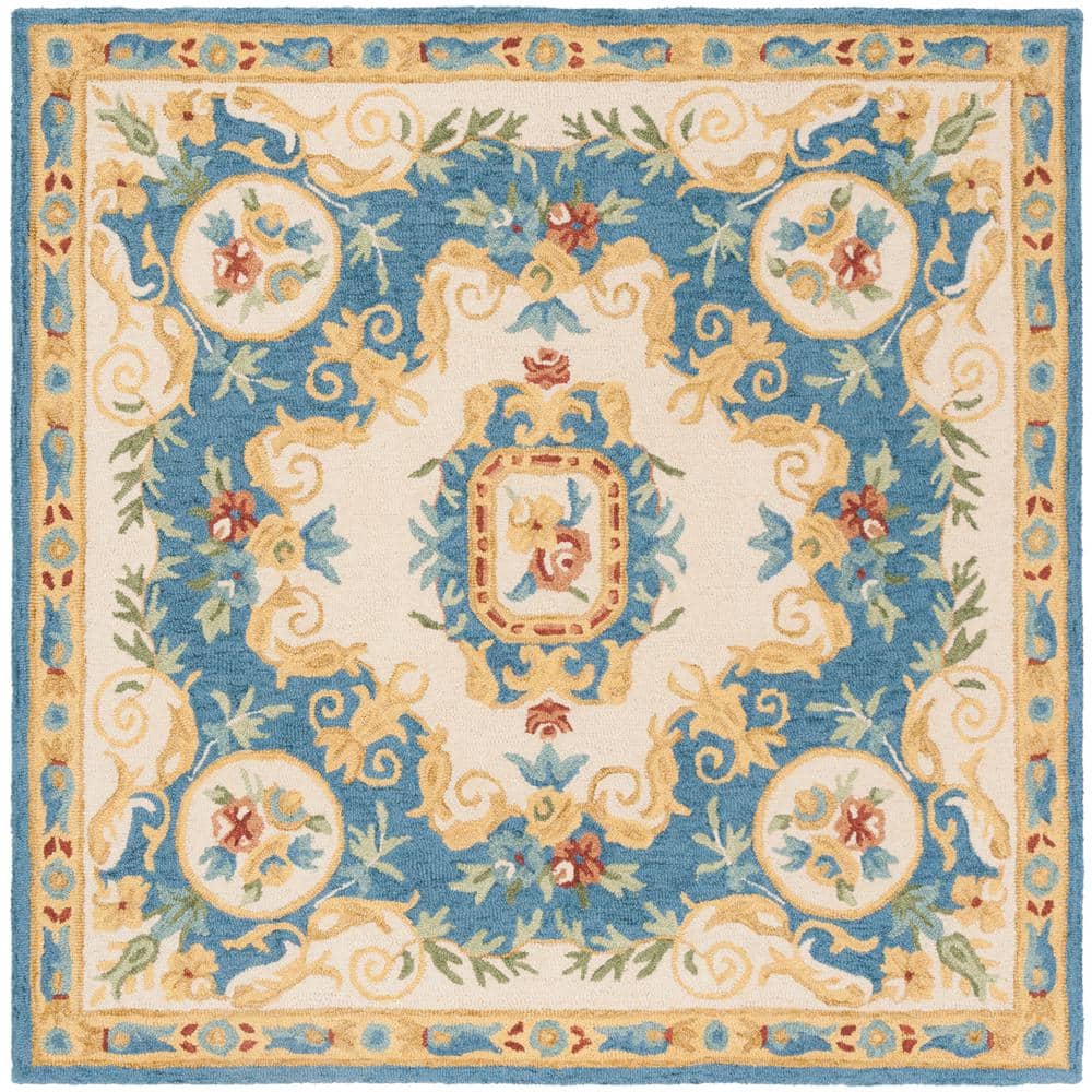 Handmade Medallion Tufted Wool Square Rug - Blue, 5' x 5'