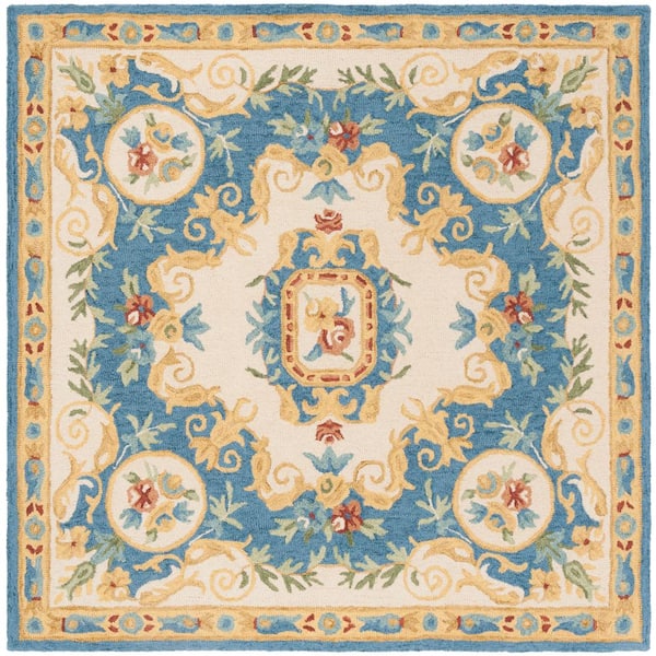 SAFAVIEH Micro-Loop Cream/Blue 5 ft. x 5 ft. Square Border Area Rug