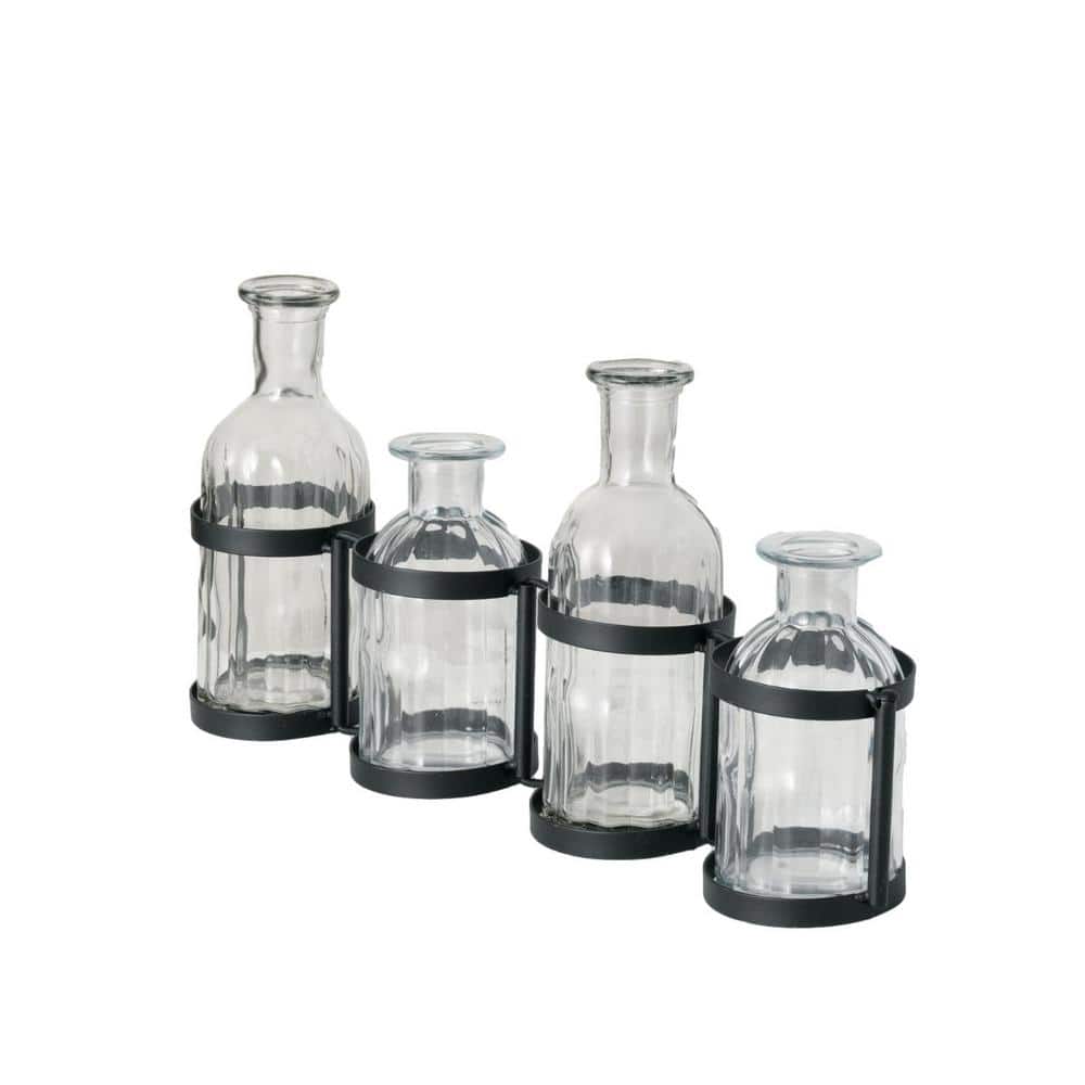 Clear Glass Multi-Level Bottle Vase Set with Black Metal Frame
