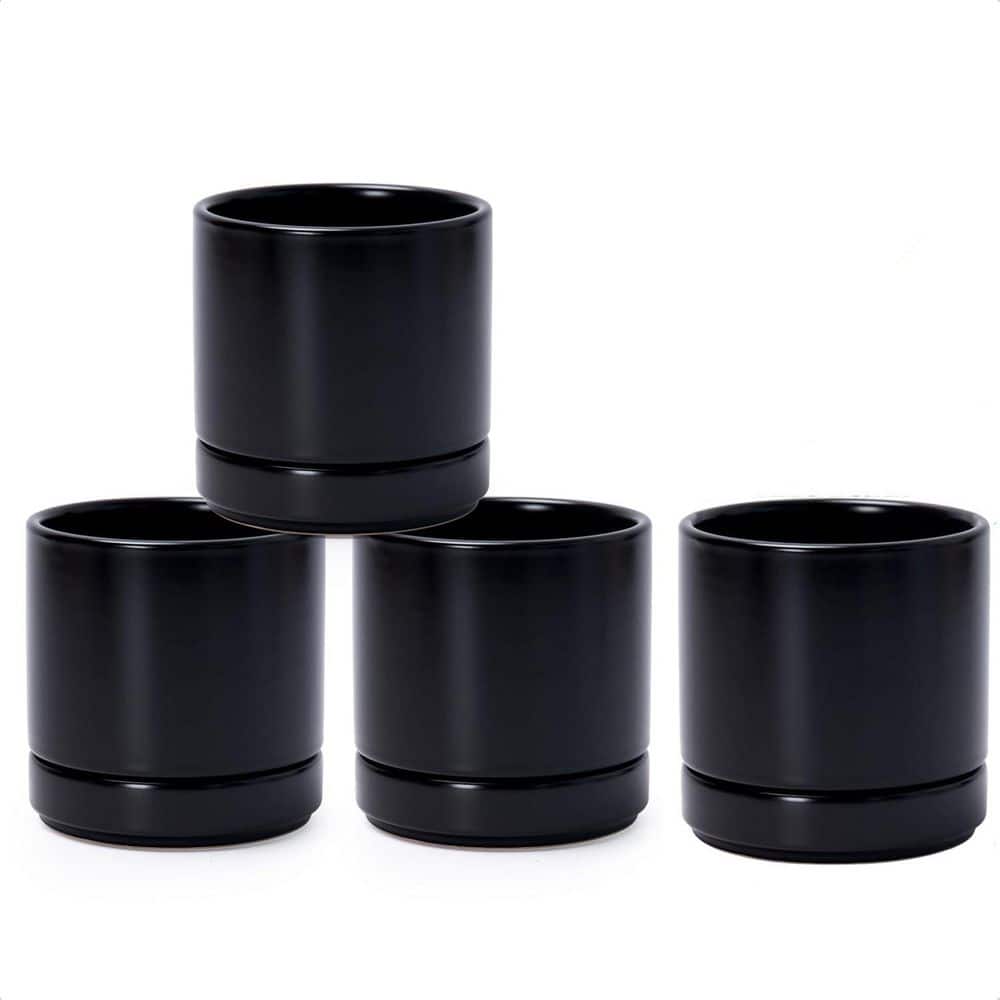Small Black Ceramic Indoor/Outdoor Planter with Saucer (4.7 in. W