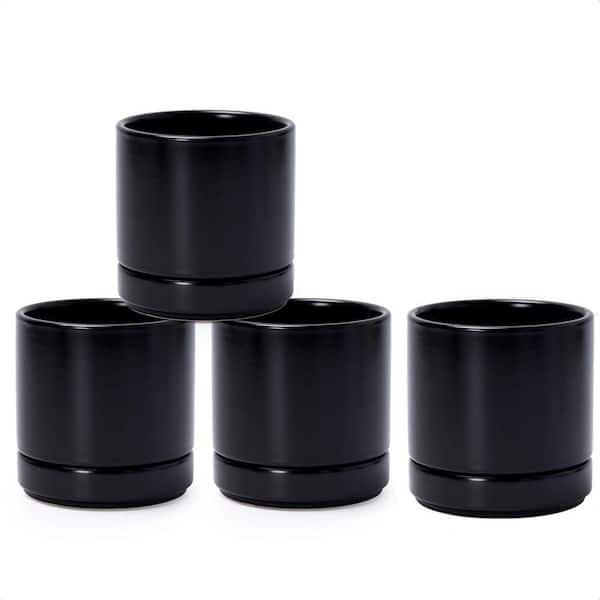 Small Black Ceramic Indoor/Outdoor Planter with Saucer (4.7 in. W x 4.9 in. H) 4-Pack