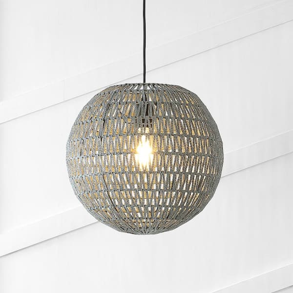 JONATHAN Y Luna 15.75 in. 1-Light Grey Bohemian Modern Woven Rattan/Iron LED Pendant, Black