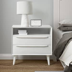 Leslie Mid-Century Modern White 2-Drawer Nightstand with Built-In Outlets