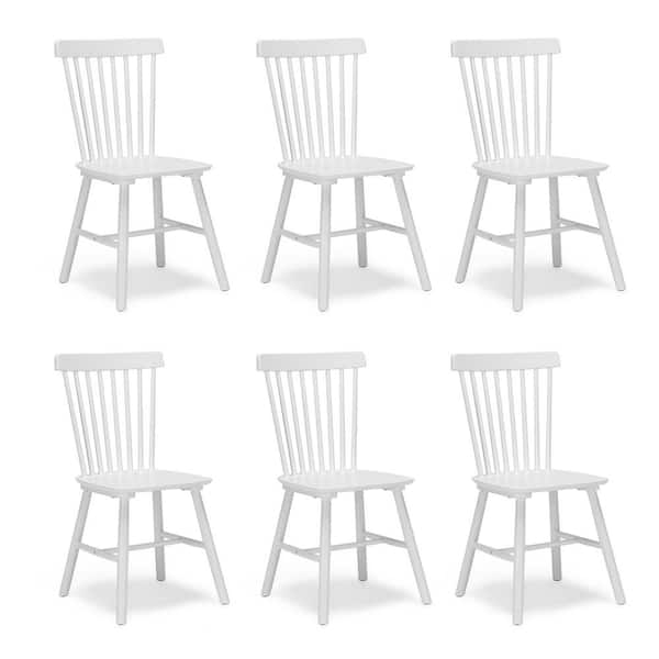 LUE BONA Windsor Classic White Solid Wood Dining Chairs with Curving Spindle Back for Kitchen and Dining Room Set of 6