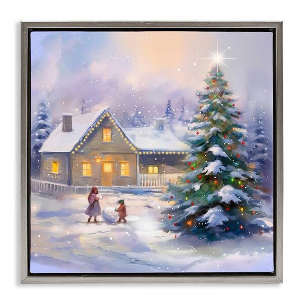Stupell Industries Children Building Snowman by Enrico McGarrigle 1 Piece Floater Frame Graphic Print Nature Art Print 25 in. x 25 in.