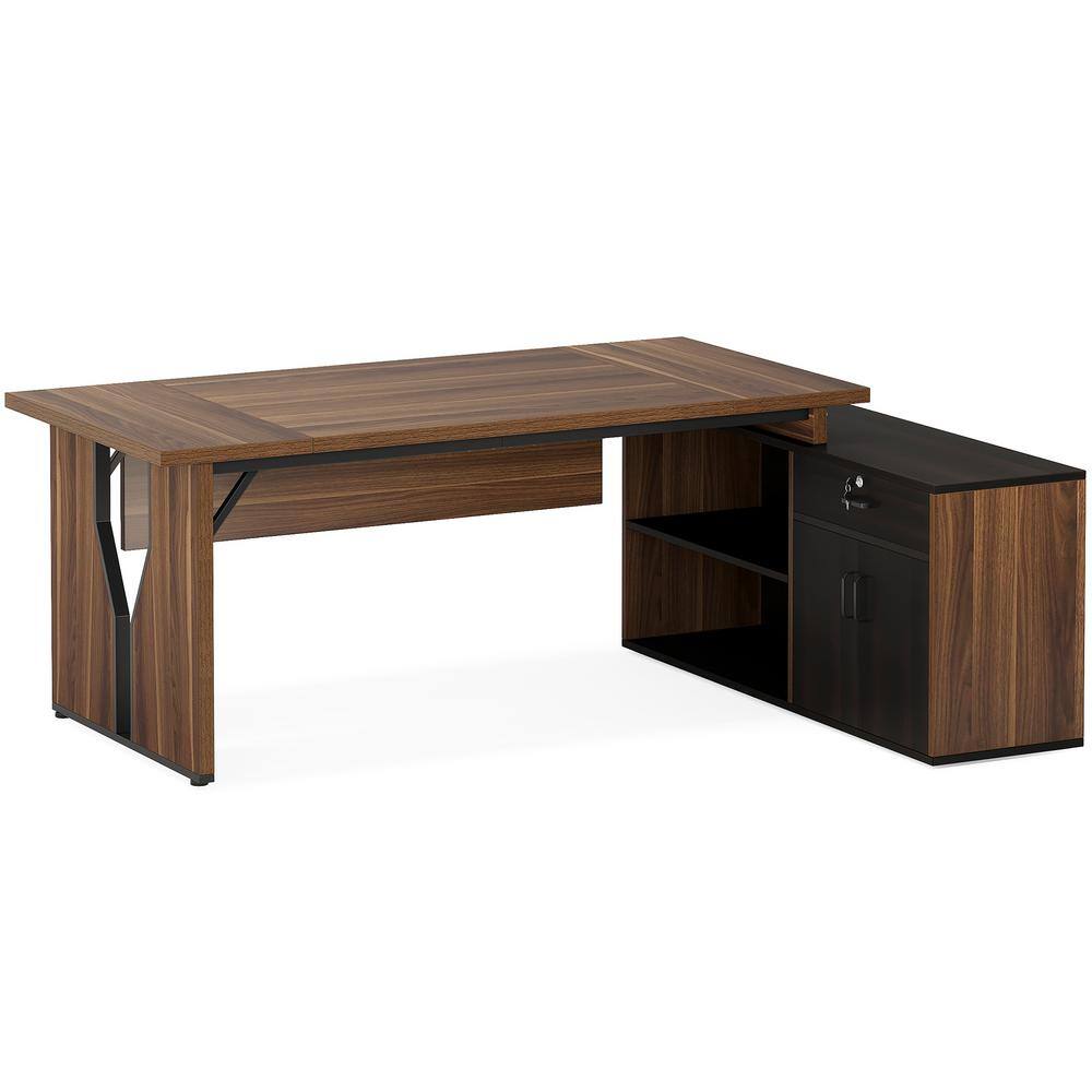 Halseey 79 in. L-Shaped Walnut Color Wood 1-Drawer Executive Computer Desk, Large Office Desk with File Cabinet