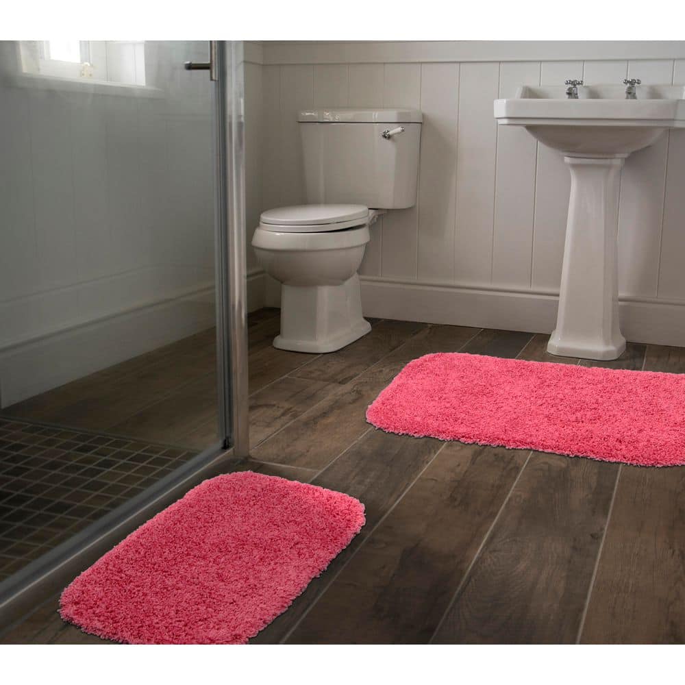 Jazz Pink Shaggy Nylon Washable Bath Rug Set