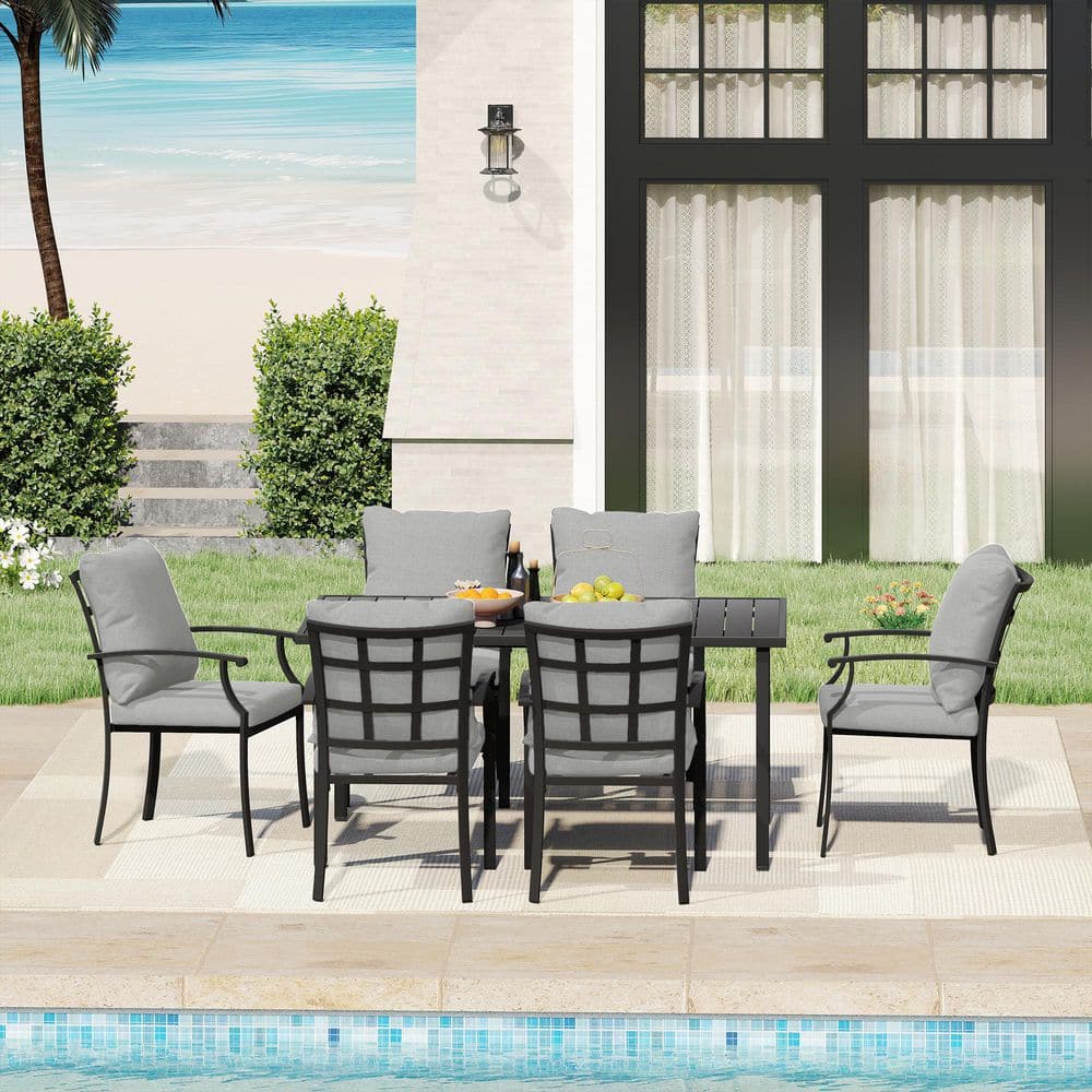 Verdant Cove 7-Piece Black Metal Outdoor Dining Set with Rectangular Table and Gray Cushions price history on PriceWatchPro