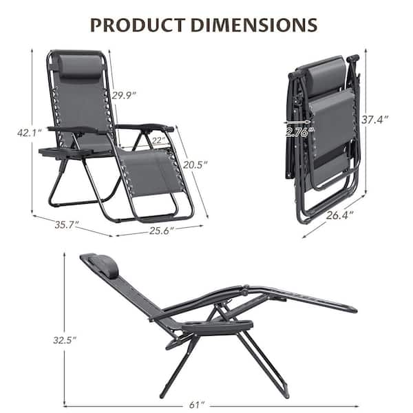 Tozey 2-Piece Light Gray Zero Gravity Black Metal Lawn Chair Set