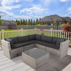 Gray 6-Piece Wicker Patio Conversation Set with Black Cushions and Storage