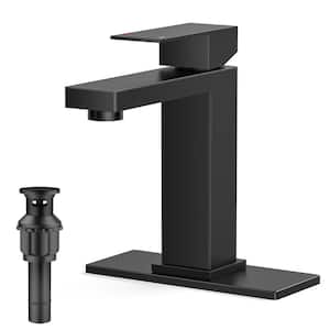 Single Handle Single Hole Rectangular Bathroom Faucet with Pop-up Drain and PEX supply line in Matte Black