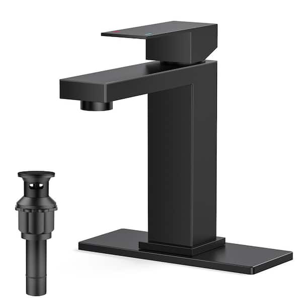 androme Single Handle Single Hole Rectangular Bathroom Faucet with Pop-up Drain and PEX supply line in Matte Black