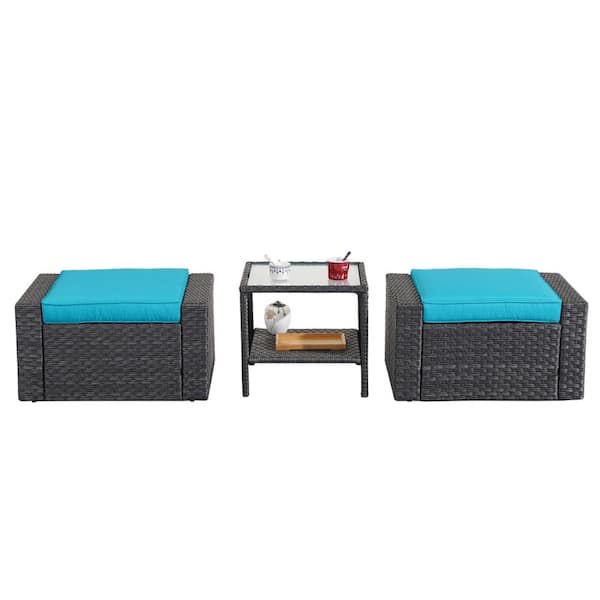 Zeus & Ruta Black 3-Piece Wicker Patio Conversation Set with Blue Cushions