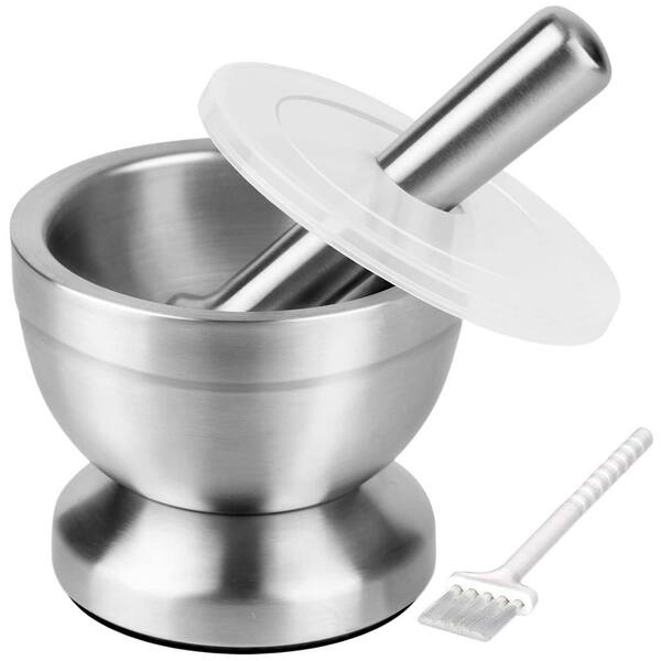 Silver 4.72 in. 18/8 Stainless Steel Mortar and Pestle with Brush, Pill Crusher, Spice Grinder, Herb Bowl, Pesto Powder