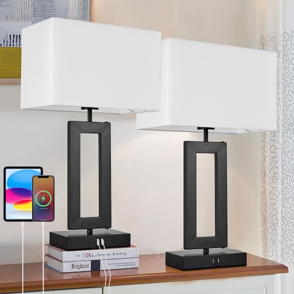 Moxyrano 22 in. Matte Black Table Lamp with White Linen Shade Touch Switch Plus USB Charging Port 2