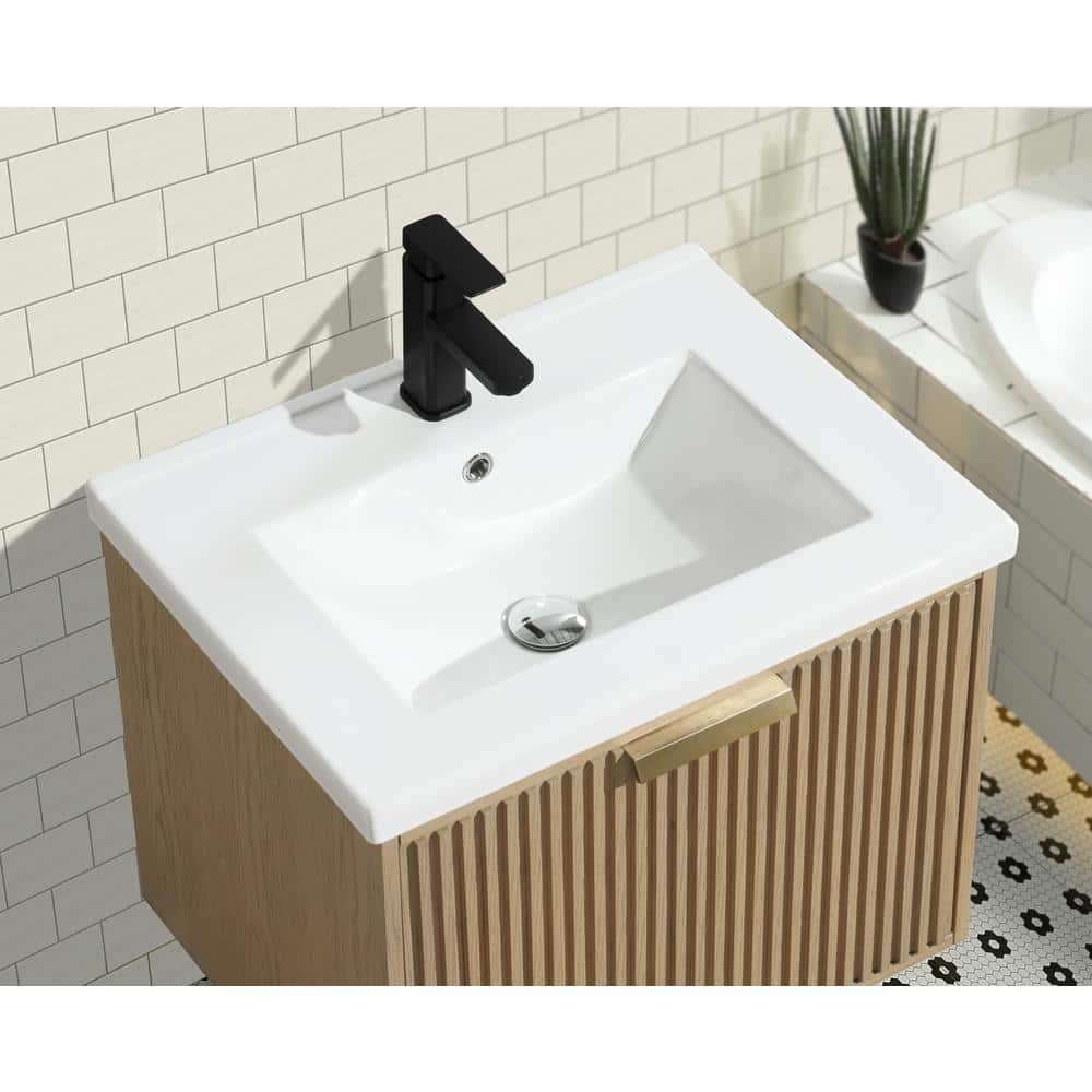 24'' Oak Floating Single Bathroom Vanity with Ceramic Sink