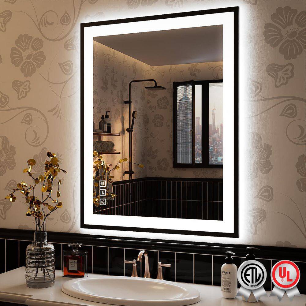 32 in. W x 24 in. H Rectangular Framed Anti-Fog LED Wall Bathroom Vanity Mirror in Black with Backlit and Front Light price history on PriceWatchPro