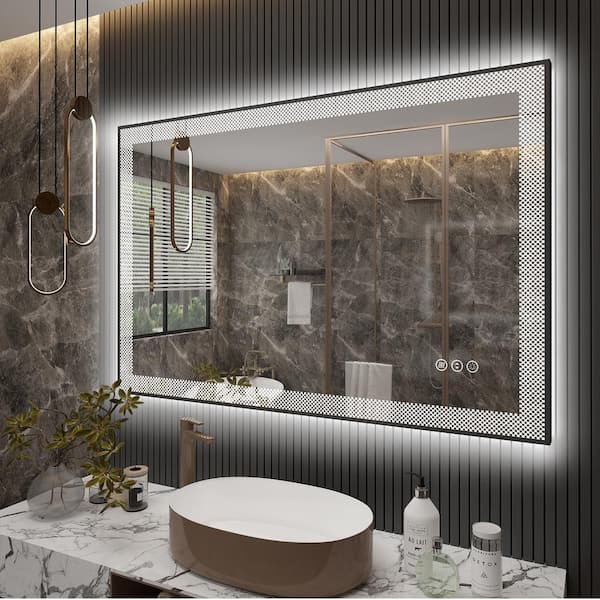 48 in. W x 32 in. H Rectangular Framed Checkerboard LED Lighted Anti-Fog Tempered Glass Wall Bathroom Vanity Mirror