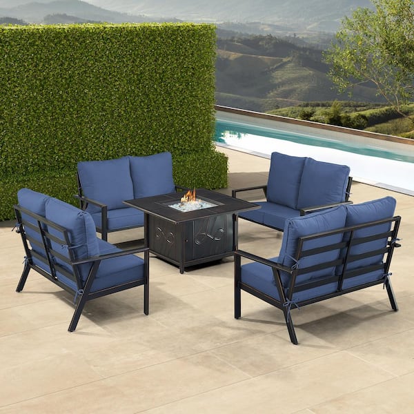 Oakland Living Black 5-Piece Aluminum Patio Fire Table Set with Blue Cushions