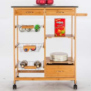 Wood Color Burlywood Kitchen Cart with Stainless Steel Top