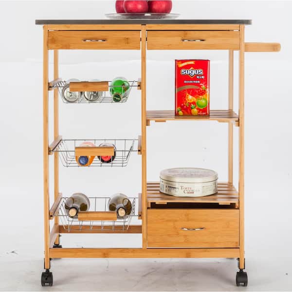 Karl home Wood Color Burlywood Kitchen Cart with Stainless Steel Top