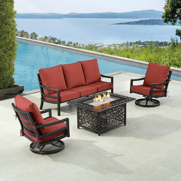 Oakland Living Black 5-Piece Aluminum Patio Fire Pit with Deep Seating Sofa and 2-Club Chairs Red Cushions