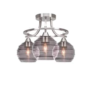 Madison 15.25 in. 3-Light Brushed Nickel Semi-Flush Mount with Smoke Ribbed Glass Shade