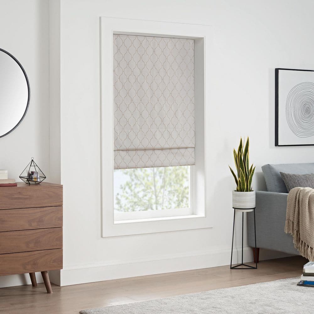Linen Cordless Blackout Roman Shade with Woven Ogee Design