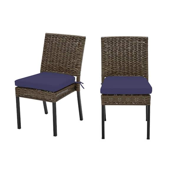 Hampton Bay Laguna Point Brown Wicker Outdoor Patio Dining Chair with CushionGuard Sky Blue Cushions (2-Pack)