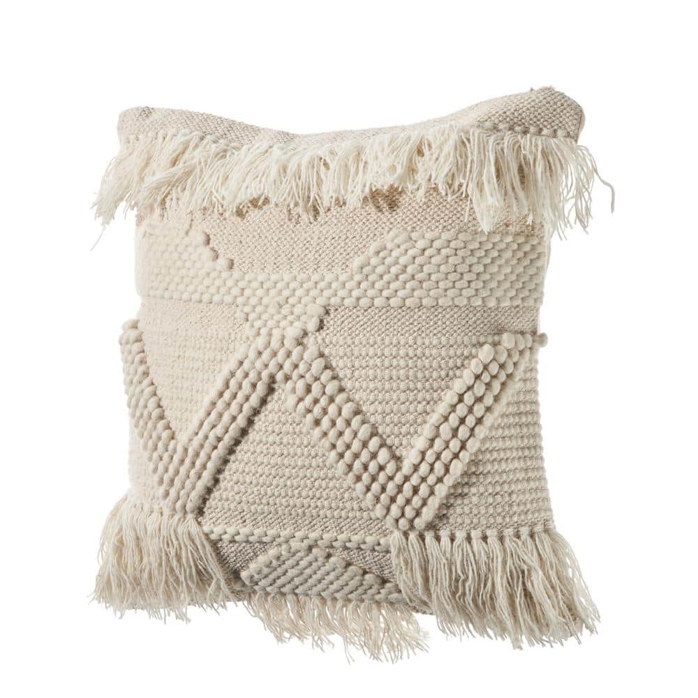 Ivory Embroidered Square Throw Pillow with Fringe