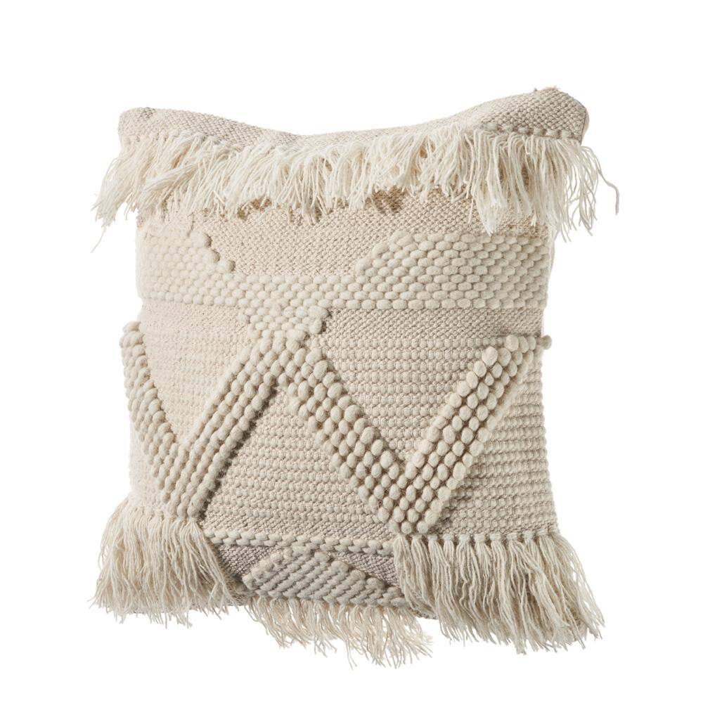 Ivory Embroidered Square Throw Pillow with Fringe
