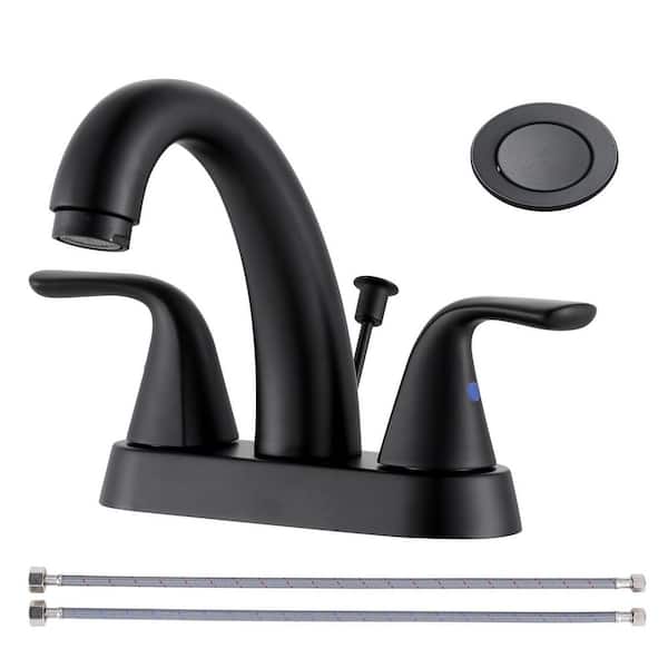 VEVETTA 4 in. Centerset Double Handle Mid Arc Bathroom Faucet with Drain Kit Included in Matte Black