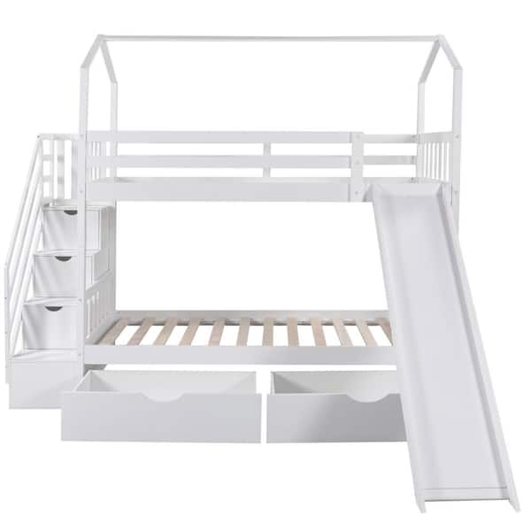 wetiny White Twin Over Twin House Bunk Bed with 2-Drawers and Slide Storage Staircase